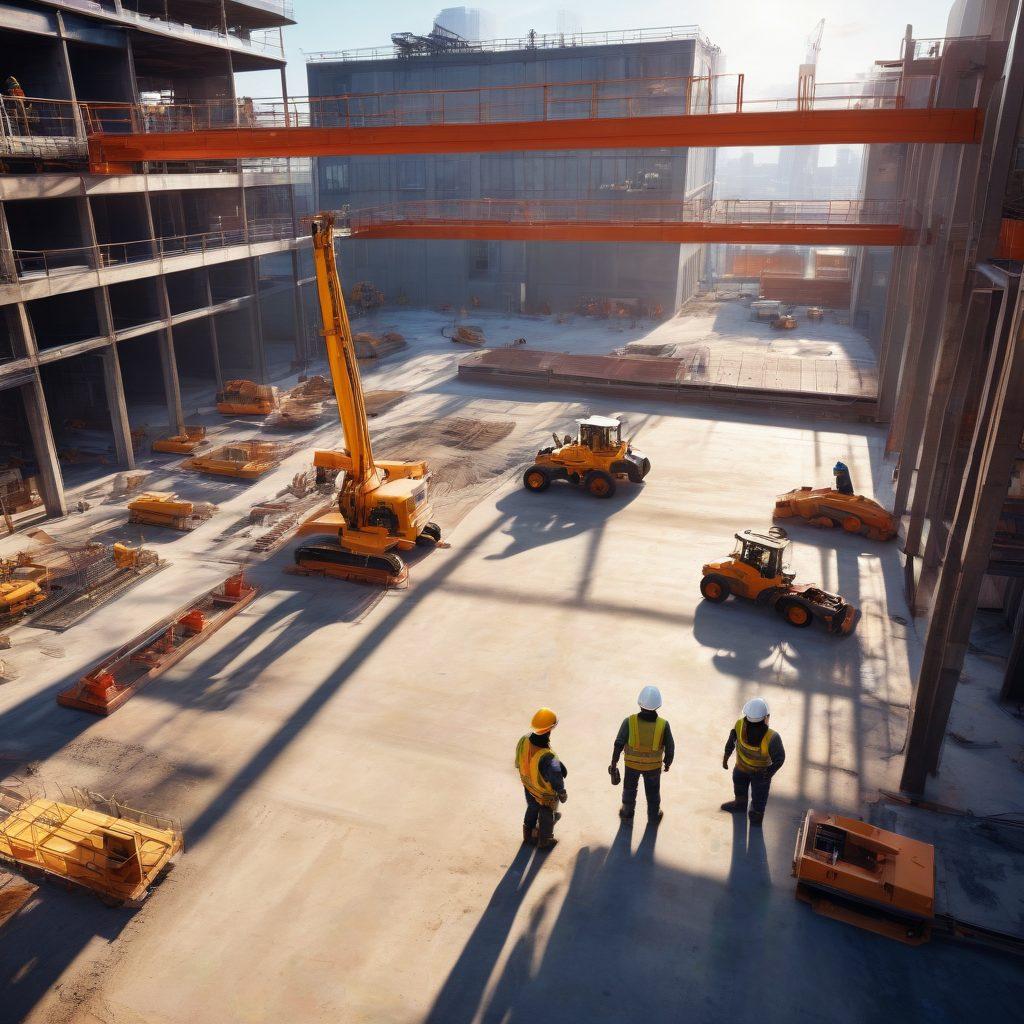 A dynamic scene showcasing a modern construction site with workers efficiently using fabricated steel in a collaborative environment. Include blueprints and advanced machinery to symbolize expert insights. Bright sunlight casts shadows, highlighting the vibrancy of teamwork and innovation. Add elements of urban architecture in the background to emphasize modernity. super-realistic. vibrant colors. 3D.