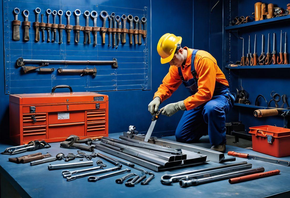 A detailed layout of various metal supplies, featuring a range of steel beams, sheets, and pipes, artfully arranged on a blueprint background. Include a toolbox filled with tools like wrenches and pliers to emphasize the hands-on aspect of metalworking. In the foreground, a worker in protective gear examines a steel beam, highlighting the importance of safety in projects. The setting should evoke a workshop ambiance with warm lighting. super-realistic. vibrant colors. industrial style.
